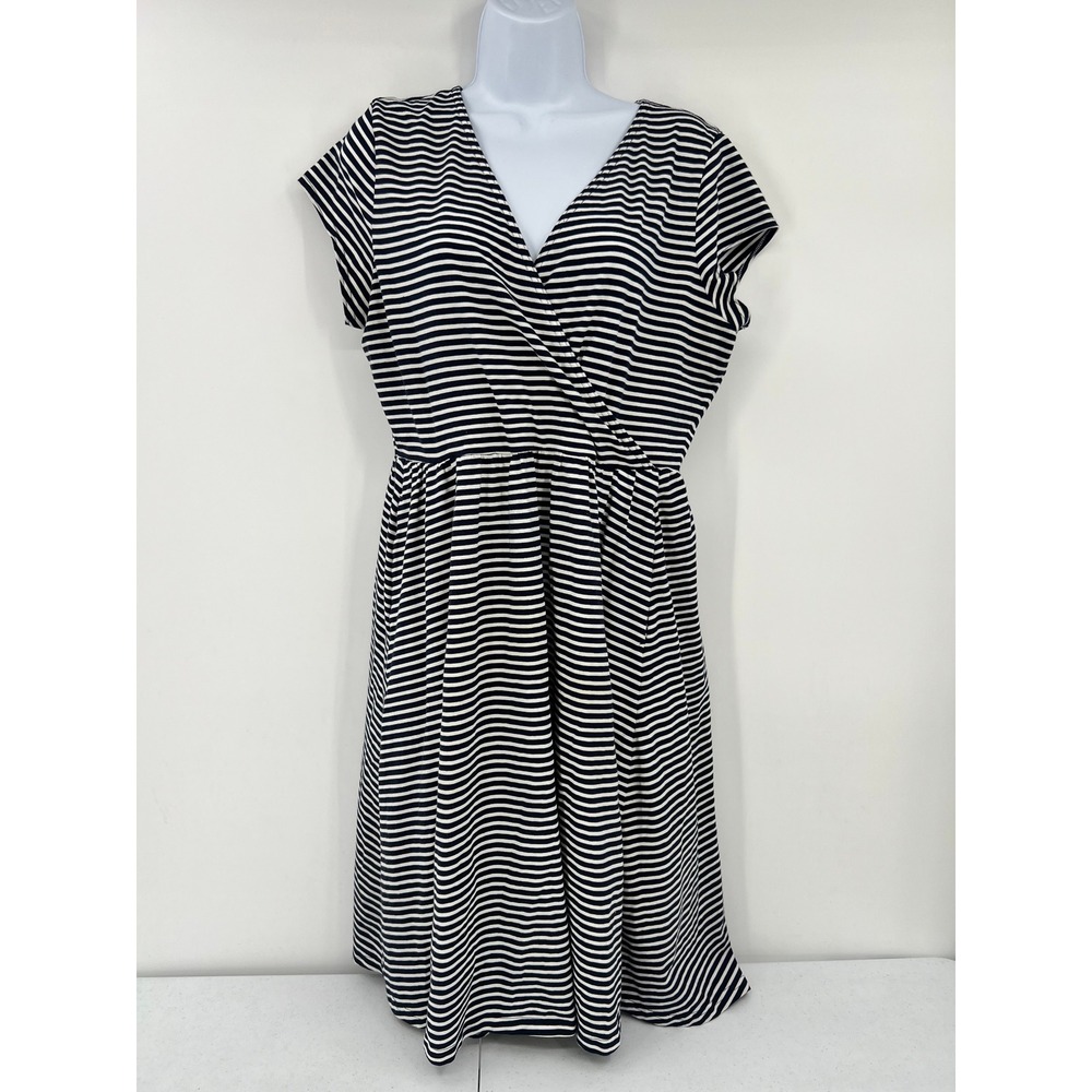 Pact Organic Cotton Striped Crossover Dress Navy Blue White XL Short Sleeve